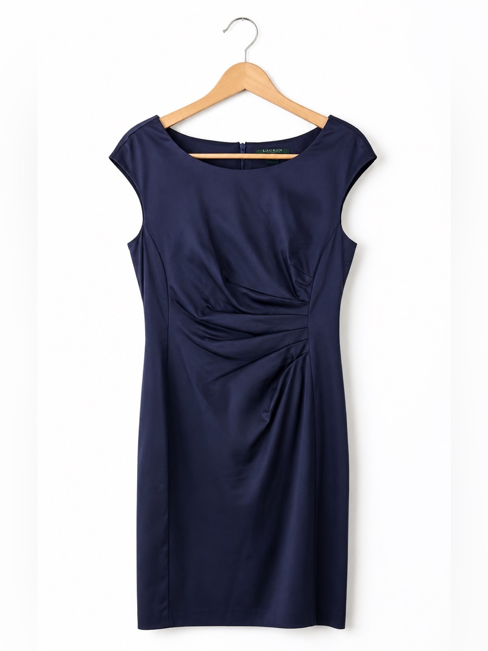 Lauren Ralph Lauren Navy Satin Draped Midi Dress Size 10 Cocktail Career